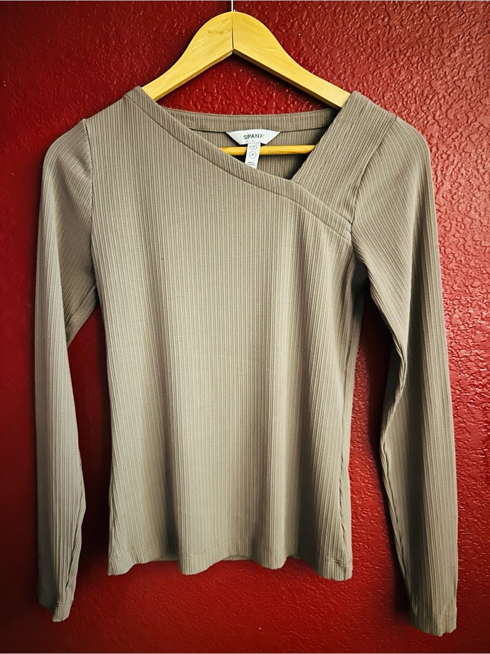 SPANX Taupe Ribbed Long-Sleeve V-Neck Top